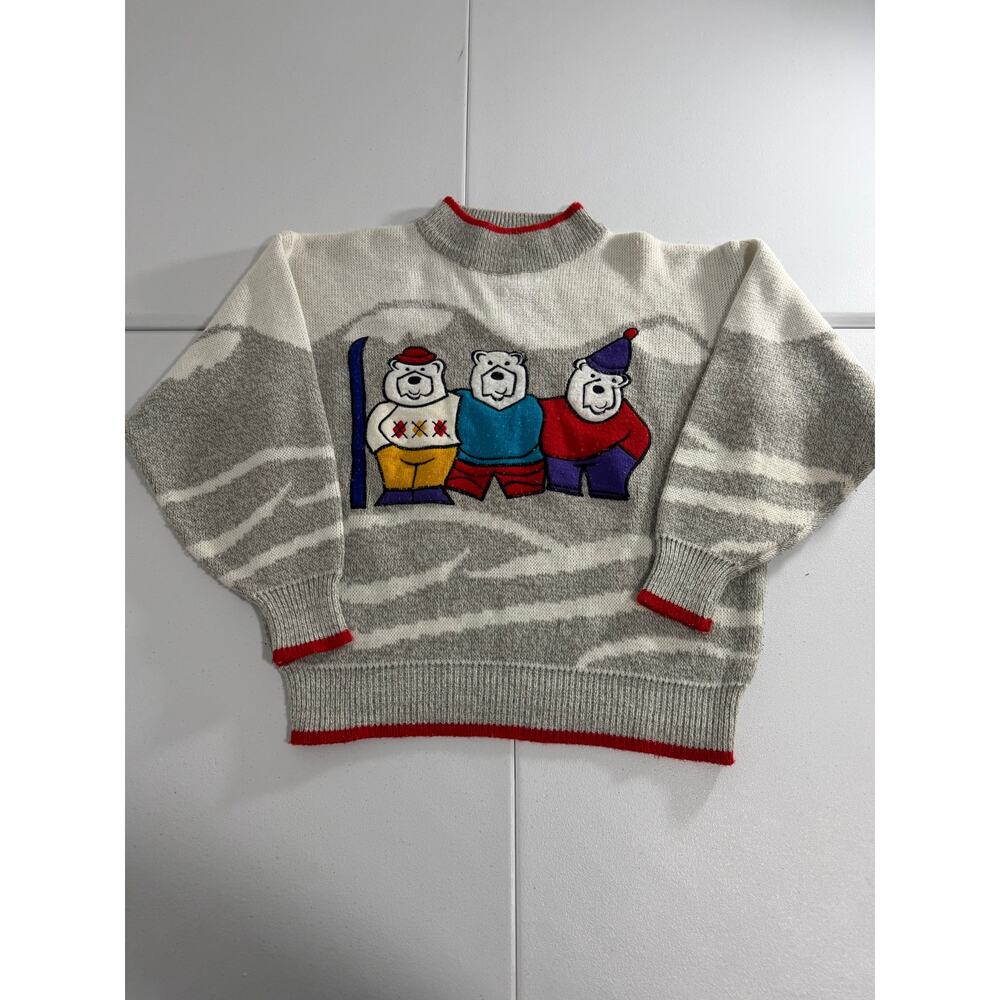 Vintage Bear With Us 1988 Polar Bear Ski Novelty Knit Sweater Gray Red Small